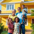 Smiling Nigerian family in front of new home Smiling Nigerian family in front of new home